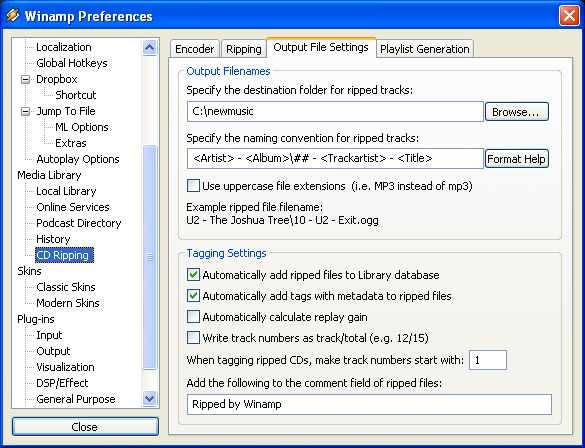 Winamp ripping output file preferences