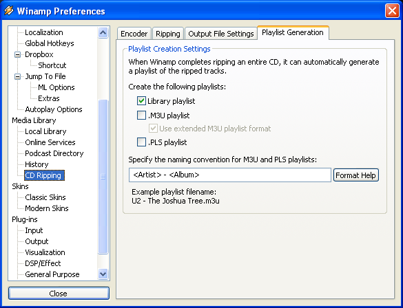 Winamp ripping playlist generation preferences